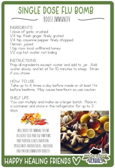 Recipe for a single dose flu bomb to boost immunity with natural ingredients and instructions.