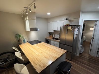 Modern kitchen with wooden countertop and stainless steel appliances.