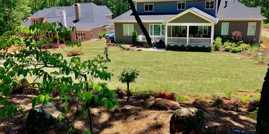 Well-maintained backyard with a green lawn and landscaped garden beds around houses.