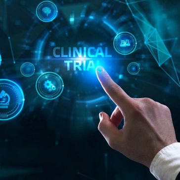 Hand pointing at a glowing Clinical Trial digital interface with medical icons.