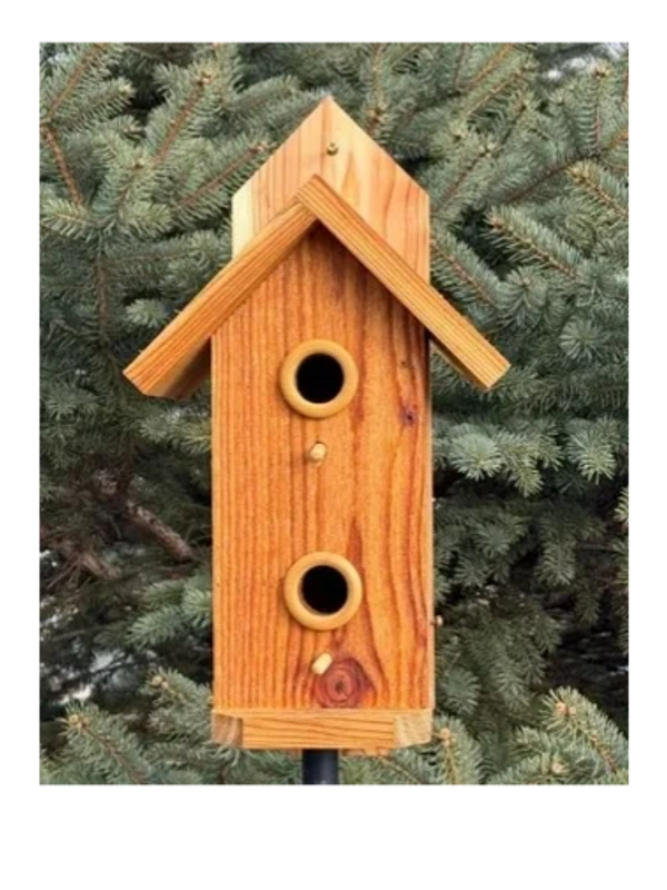 A bird house with trees in the back