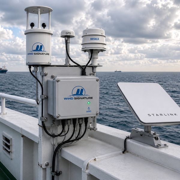 Wind monitoring and Starlink satellite equipment on a ship's deck.