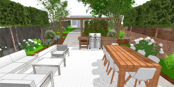 Modern outdoor patio with dining and seating areas.
