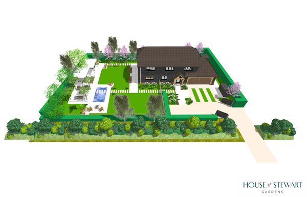 3D garden design with pool, lawn, and patio around a house.