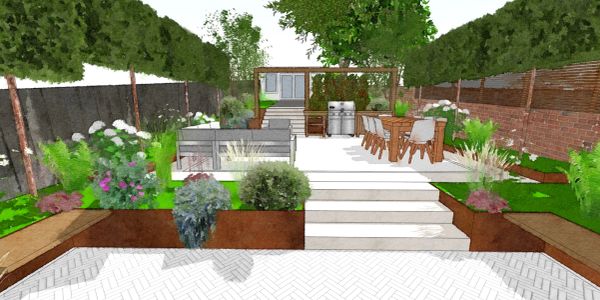 Modern garden design with seating and dining areas.