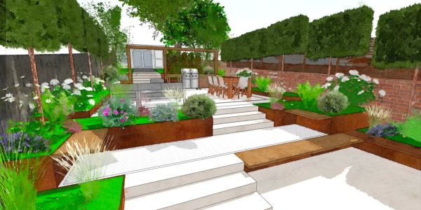 Modern tiered garden with seating and greenery.