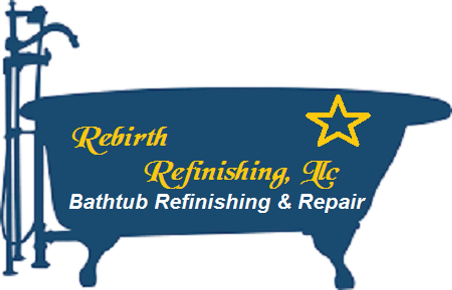 Logo of Rebirth Refinishing, LLC with a bathtub silhouette and yellow star.