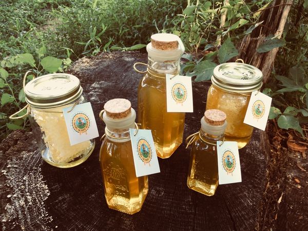 Examples of our honey in different sized “Muth Jars,” as well as comb and chunk honey.