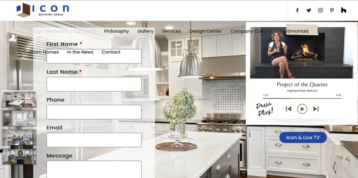 website screen shot of Icon Building Groups home page with images of kitchens 