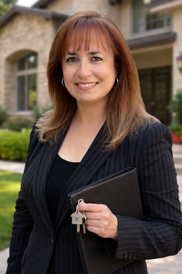 A professional woman holding house keys and a folder, standing outside a home.