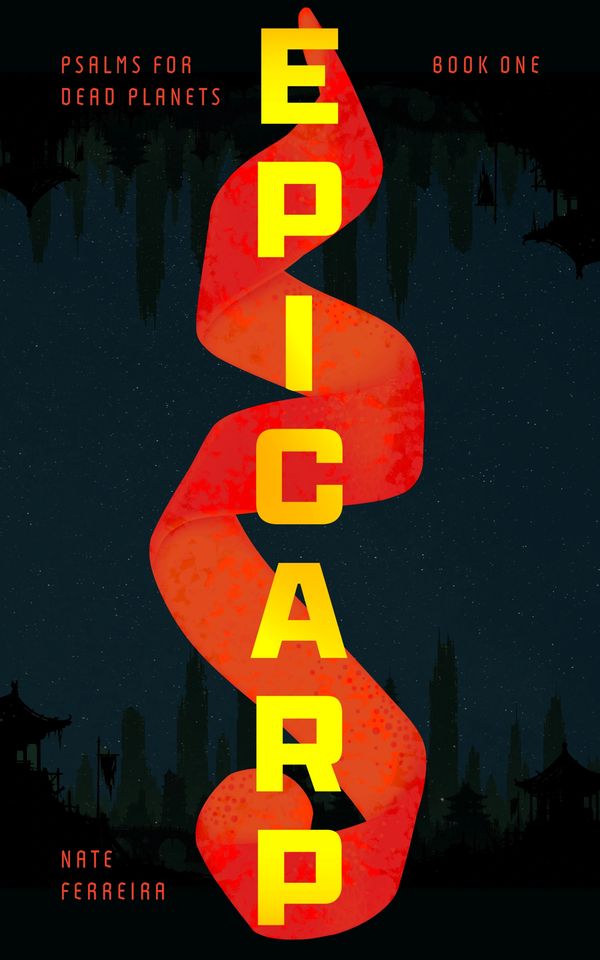 Book cover for "Epicarp," featuring bold yellow text on a red ribbon against a dark cityscape.