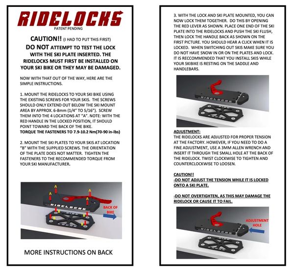 Instructions for mounting and adjusting Ridelocks on ski bikes with warnings.