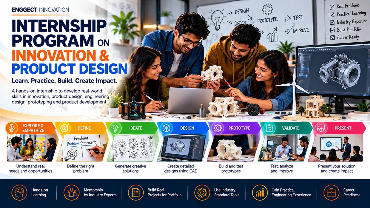 Group collaborating on product design and prototyping during an internship program.