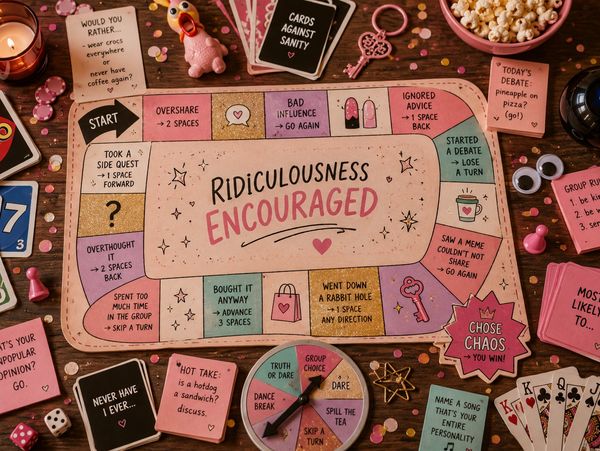 Game night setup with a humorous 'Ridiculousness Encouraged' board game and various cards and snacks.