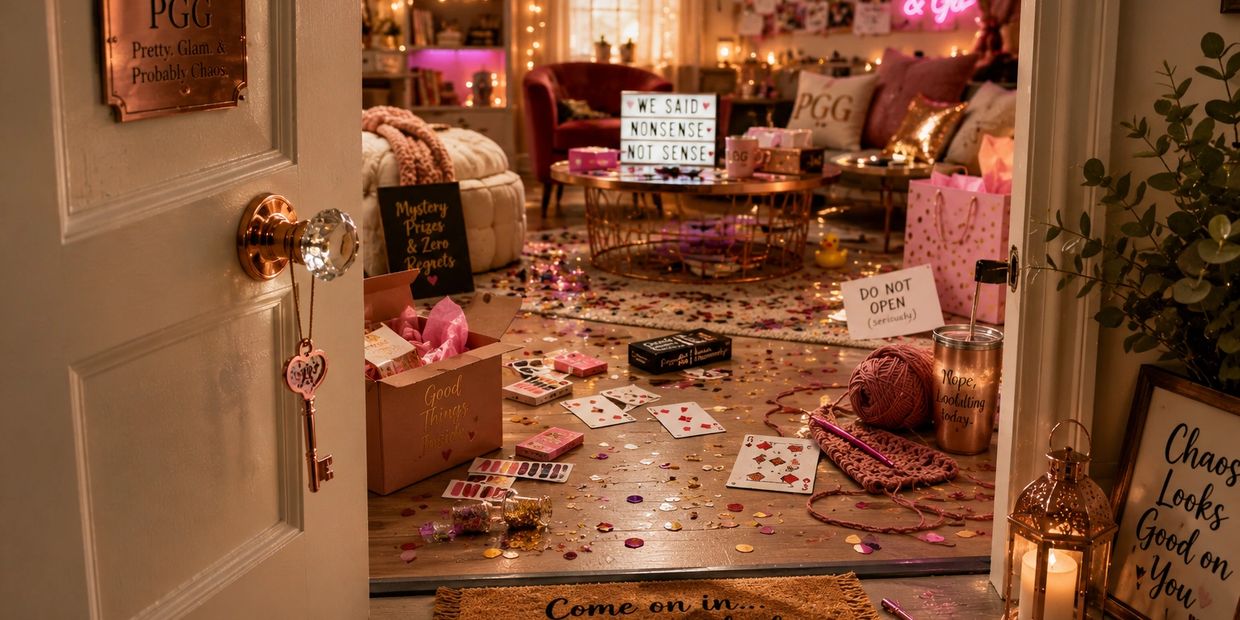 A cozy, glittery room with playing cards and yarn on the floor.