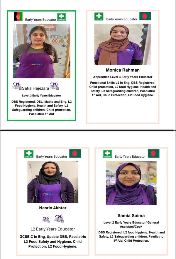 Portraits of four early years educators with their qualifications and skills listed.