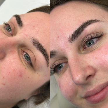 Close-up comparison of a face before and after eyelash extensions and grooming.