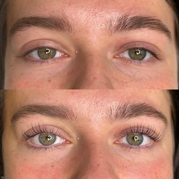 Before and after lash lift showing natural eyelashes enhanced with a curl.