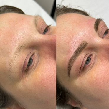 Side-by-side photo showing eyebrow transformation before and after microblading.