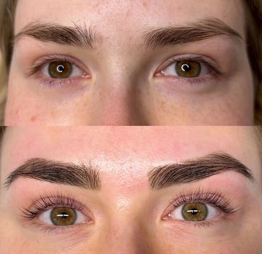 Before and after eyebrow grooming and eyelash enhancement showing fuller brows and curled lashes.