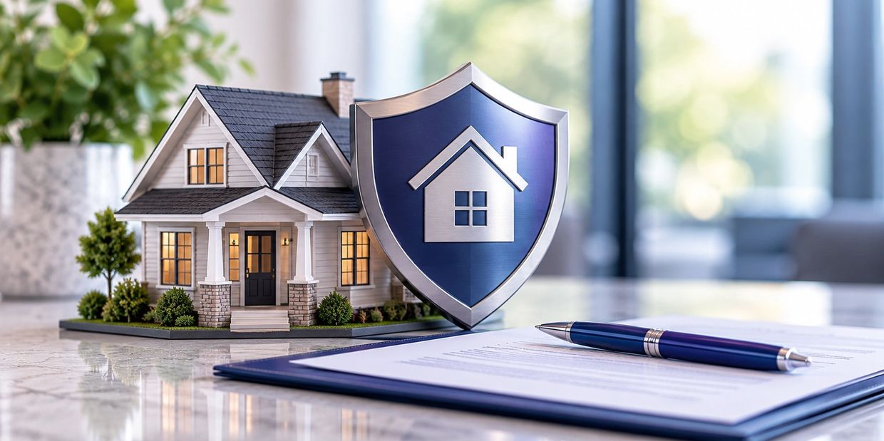Model home beside a blue shield with a house icon, representing title insurance protection