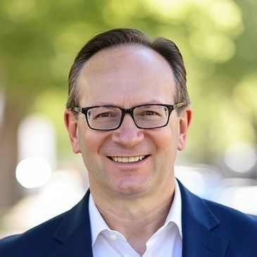 A smiling man wearing glasses and a navy suit outdoors on a sunny day.