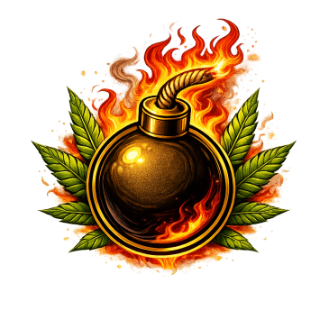A flaming cartoon bomb with green leaves behind it.