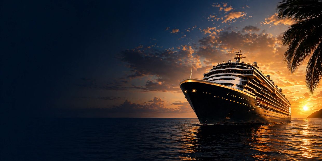 A cruise ship sails at sunset with a palm tree silhouette nearby.