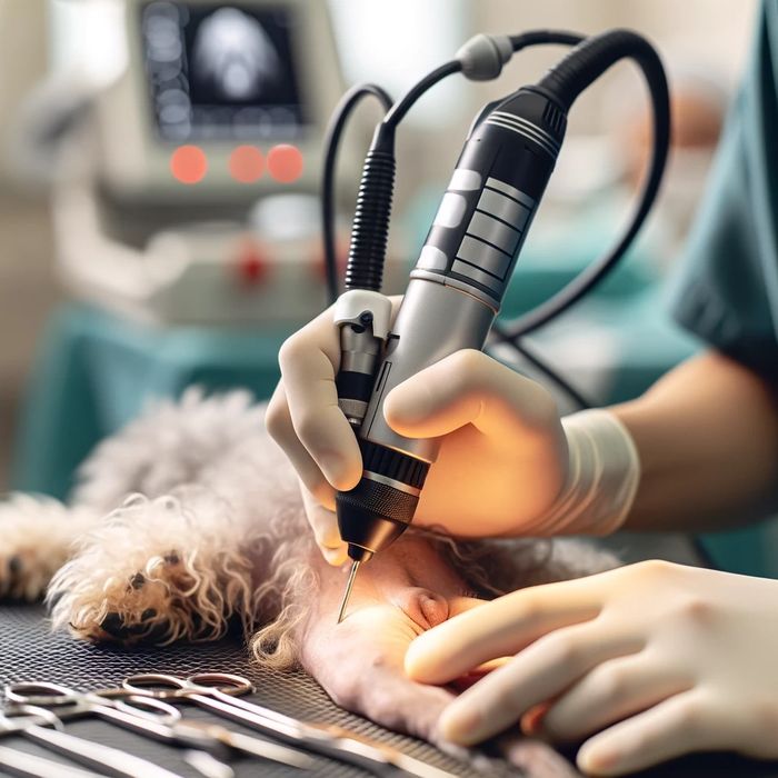 Dog receiving neutering procedure from veterinarian using laser surgery techniques.