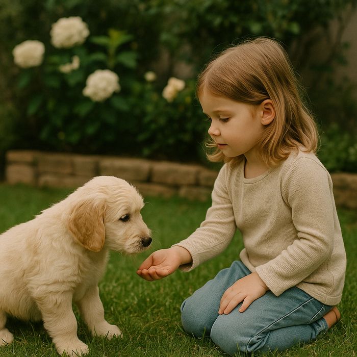 Little girl kneeling in the grass offering a Golden Retriever puppy a treat
