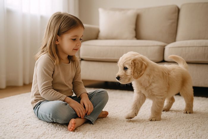 Child sitting calmly on a rug as a curious puppy approaches to sniff their hand in a cozy living roo