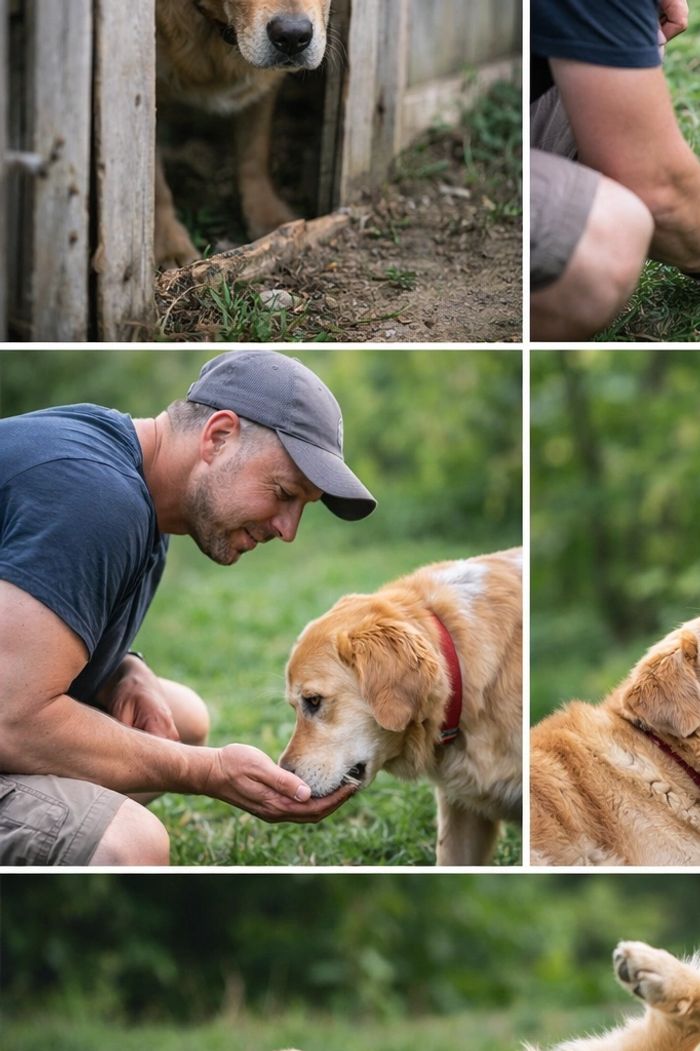 Rescue golden retriever transformation from fear to trust and happiness with new owner.