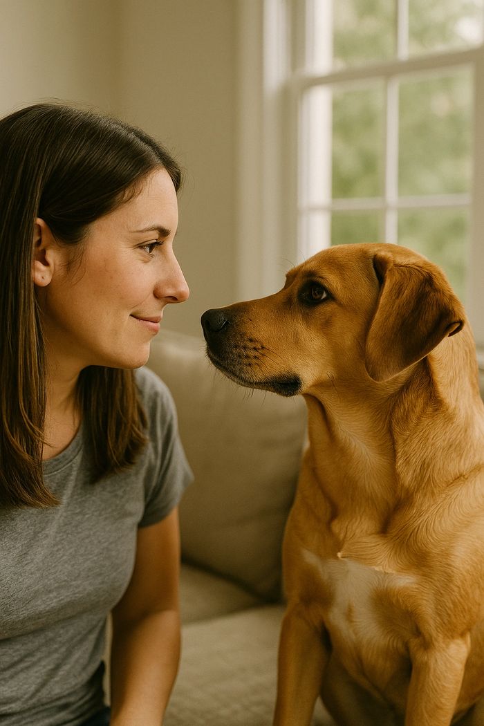 A woman and her golden-brown dog share a moment of gentle eye contact on a cozy living room couch, h