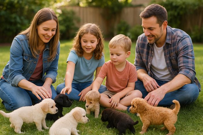 Man, Woman and two children sitting on the grass playing with a new litter of puppies.