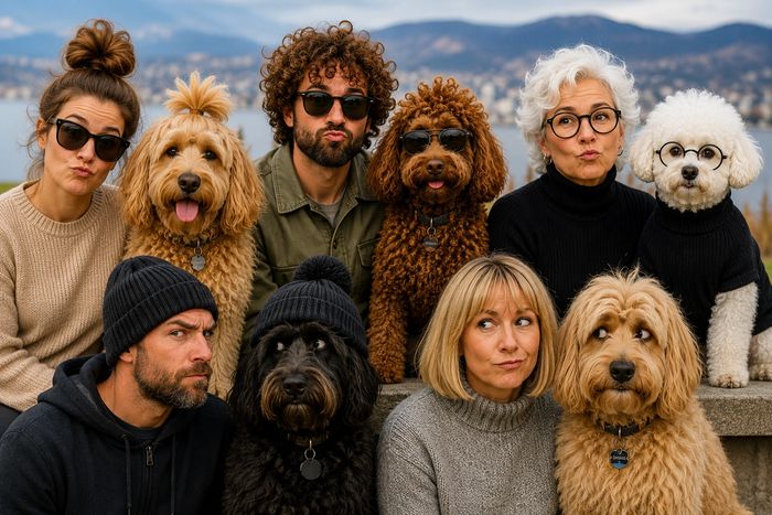 Portrait of five dog lovers who look like their dogs.