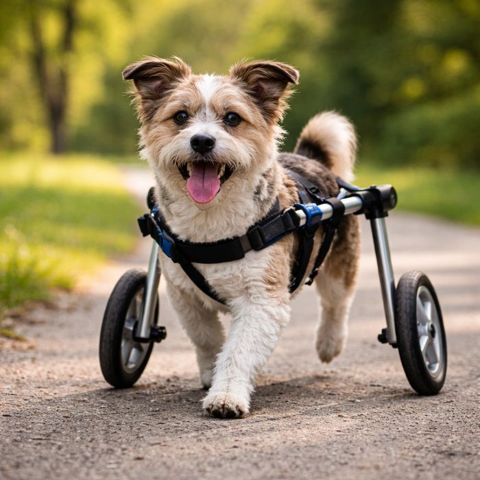 Disabled Shih Tzu trotting along a walking trail with his hind legs supported by a wheelchair.