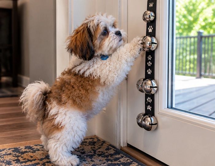 Frankie ringing the hanging bell to go outside.