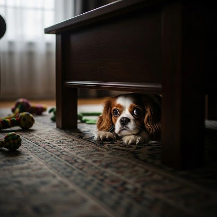 King Charles Cavalier dog hiding under coffee table showing fear.
