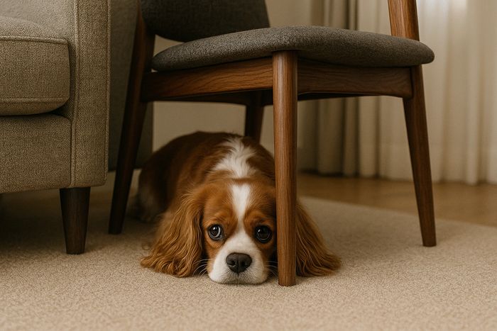Cocker Spaniel hiding under a chair concerned about changes in his life.