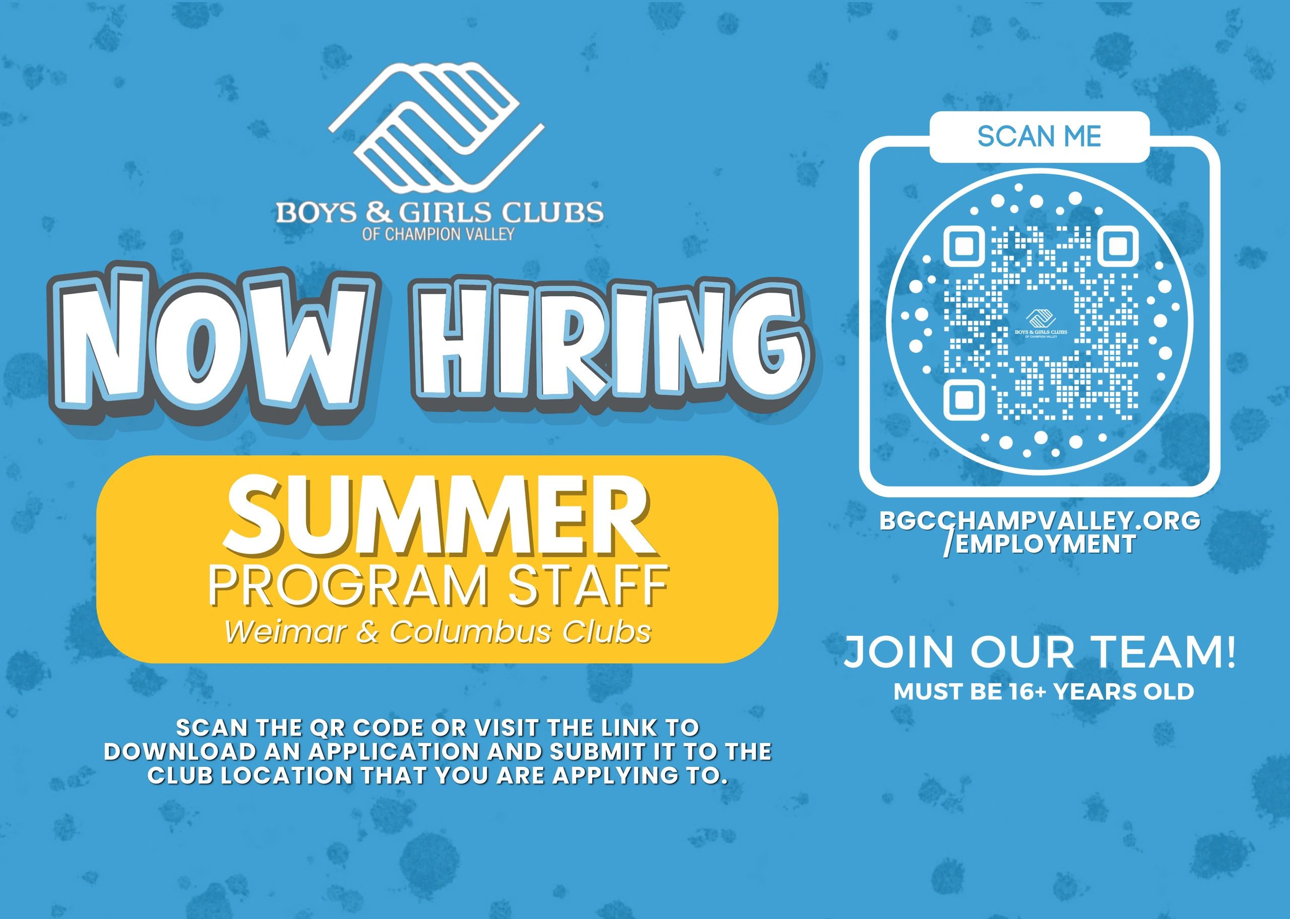 Boys & Girls Clubs hiring summer program staff for Weimar and Columbus Clubs.