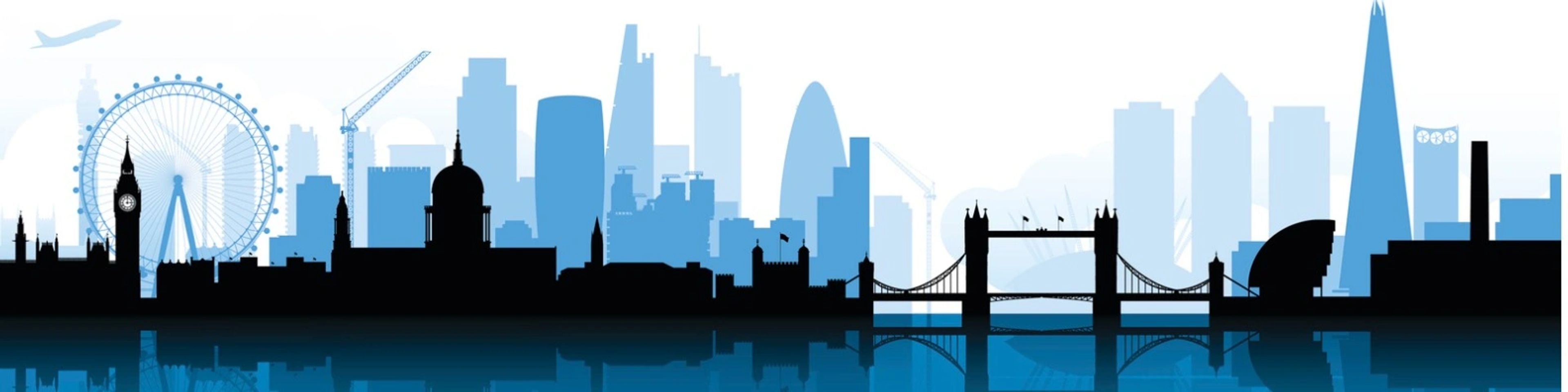 City of London skyline showing Financial buildings including the Shard, Gherkin, Tower Of London