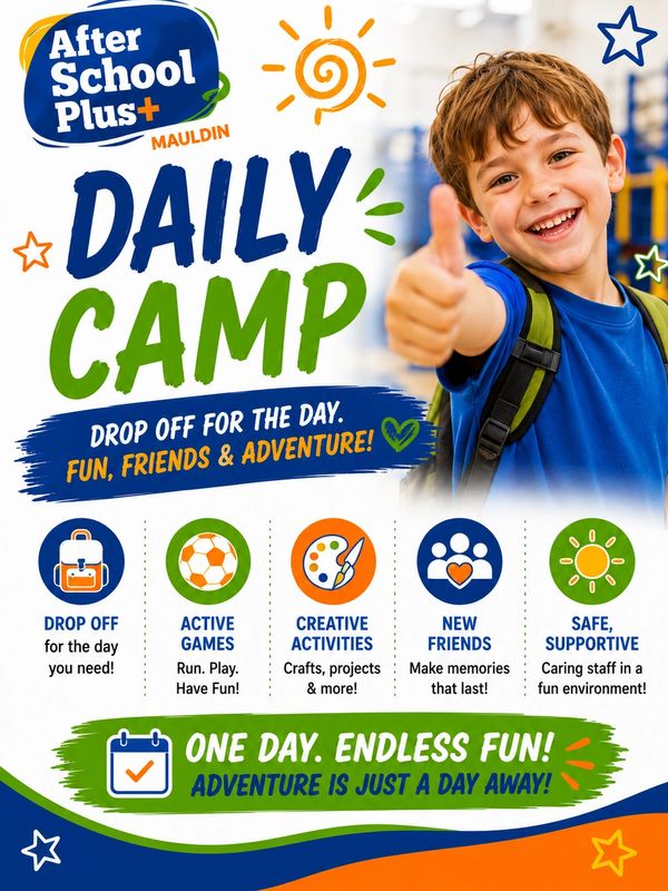 Happy boy giving thumbs up at daily camp advertisement.