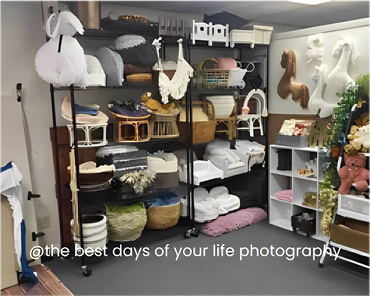Black Color Shelves Filled With Props Image