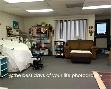 A Room With Prop Items And A Couch In Brown Color