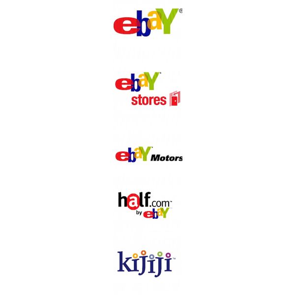 Logos of eBay and its associated platforms including Stores, Motors, Half.com, and Kijiji.