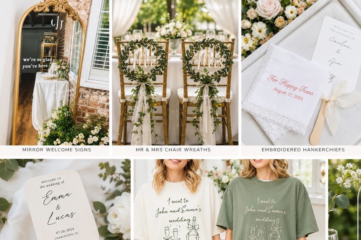 Elegant wedding decor including mirror signs, chair wreaths, embroidered handkerchiefs, and personalized shirts.
