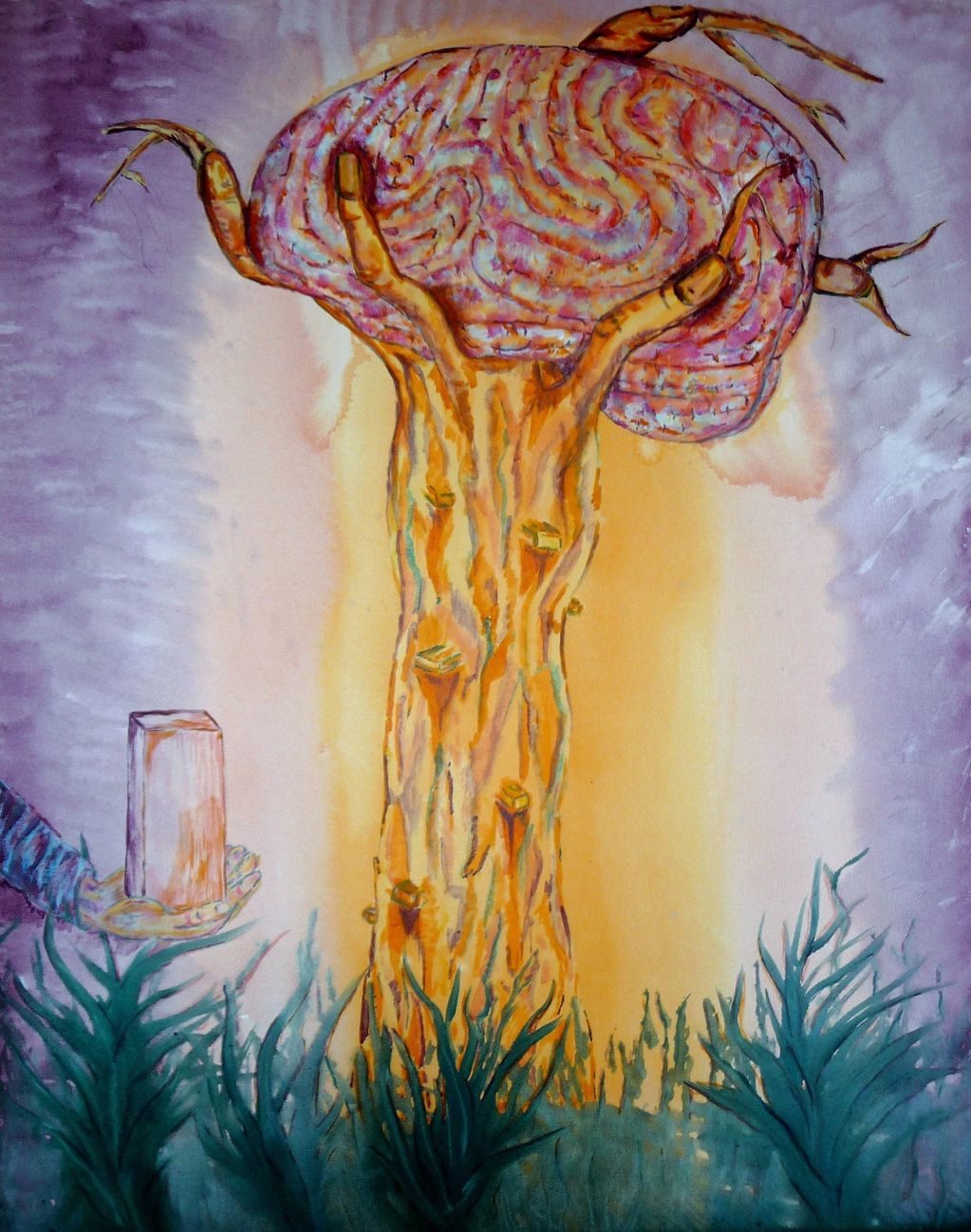 Surreal tree with brain-like canopy and hand-shaped branches in a dreamy landscape.