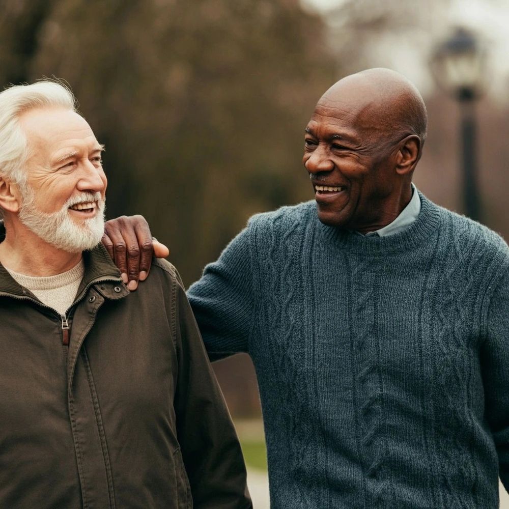 Two elderly senior men discuss their health and wellness and share tips and information as they enjoy time together in later life and retirement.