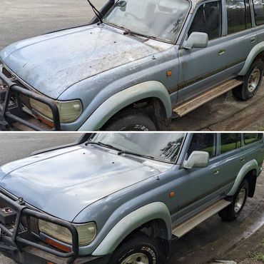 Before and after of blue Toyota Landcruiser detail