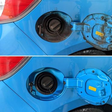 Before and after of dirty fuel flap being cleaned.